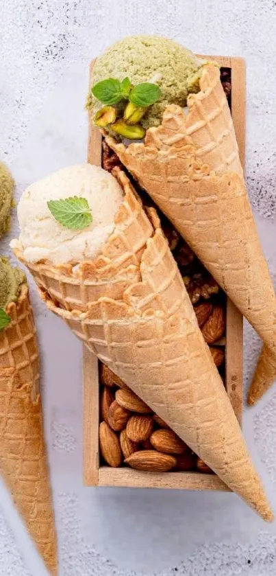 Pistachio ice cream cones with nuts and spoons.