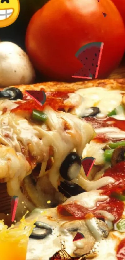 A vibrant pizza with toppings of cheese, tomatoes, and mushrooms.