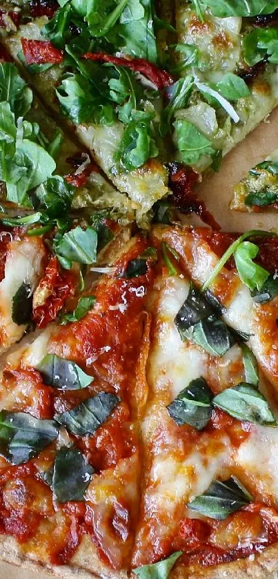 Appetizing pizza with fresh toppings and ingredients on rustic paper.