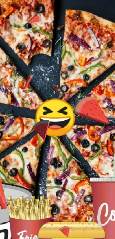 Emoji topped pizza with snacks on a dark background.