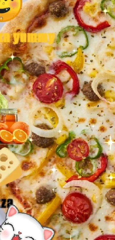 A delicious pizza with toppings as a mobile wallpaper.