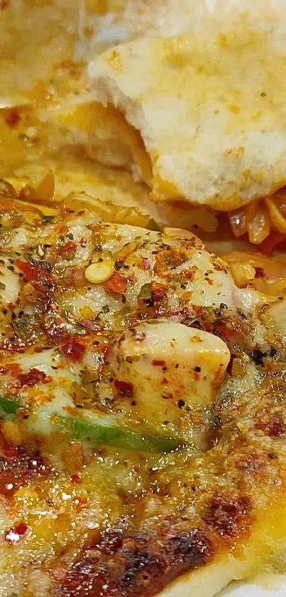 Close-up image of a cheesy and spicy pizza slice with vibrant toppings.