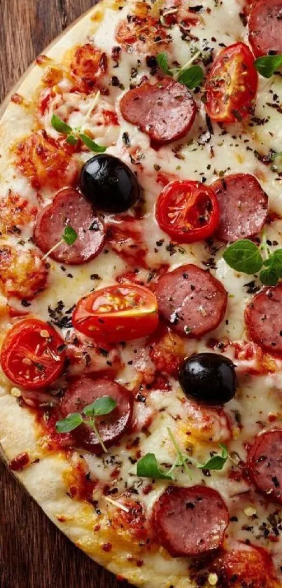 Close-up of pepperoni pizza with toppings on a wooden table.