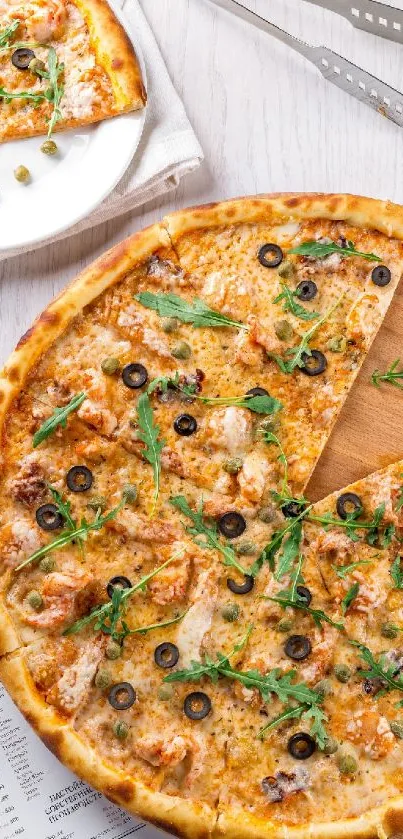 Delicious pizza with olives and arugula on a wooden board.