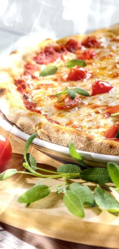 Pizza topped with tomatoes and herbs on a wooden board.