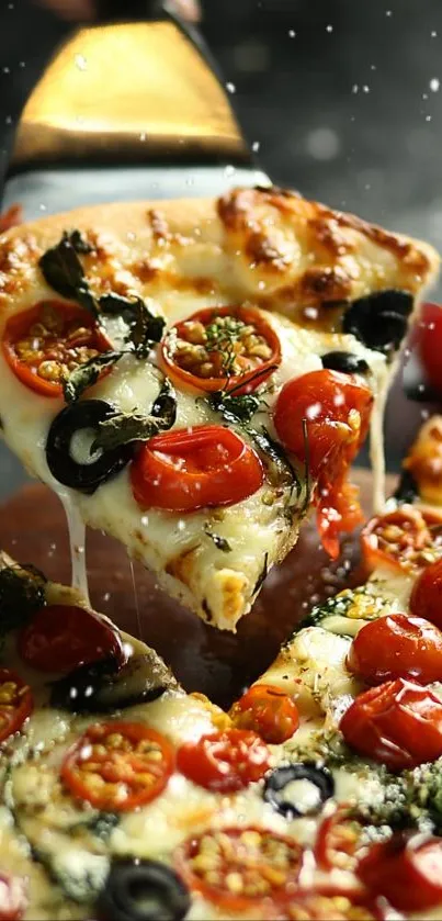 Close-up of a delicious pizza slice with tomatoes and cheese.