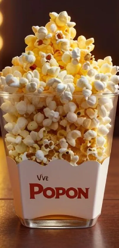 A cup full of golden popcorn on a wooden table.