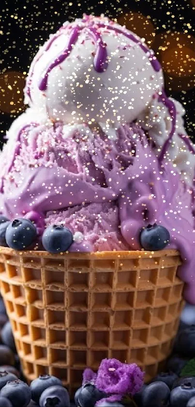 Purple ice cream in waffle cone with blueberries.