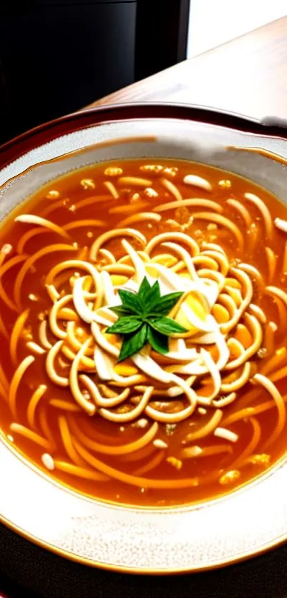 A beautifully arranged ramen bowl with noodles in vibrant orange broth.