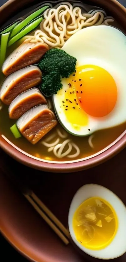 Close-up of a ramen bowl with egg and meat slices, garnished with greens.