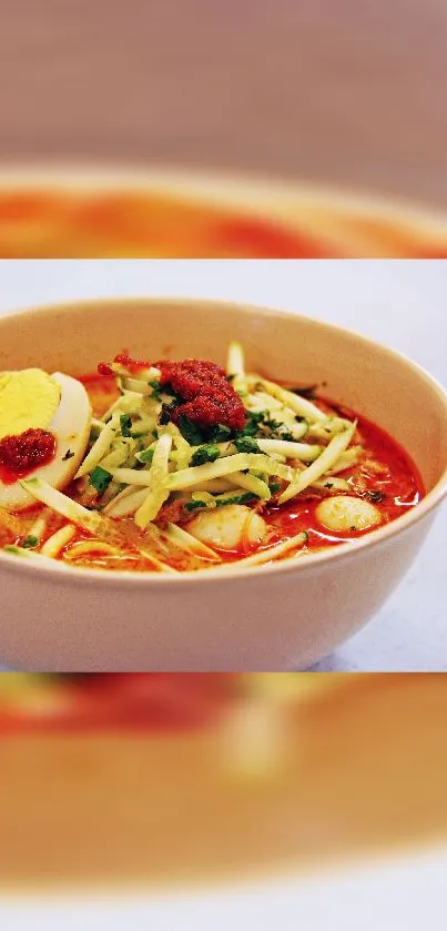 Ramen bowl with egg and spicy broth in a beige bowl.