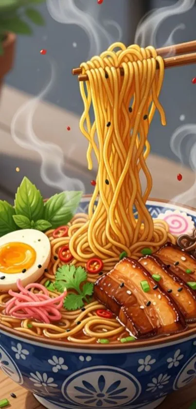 Steaming ramen bowl with noodles, pork, egg, and herbs.