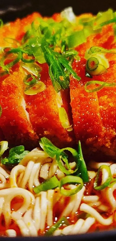 Close-up of ramen with crispy chicken and green onions.