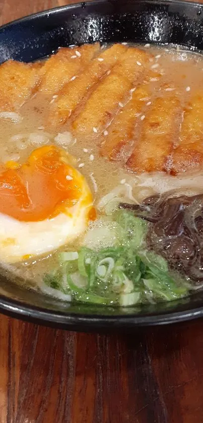 Ramen noodle bowl with pork, egg, and broth.