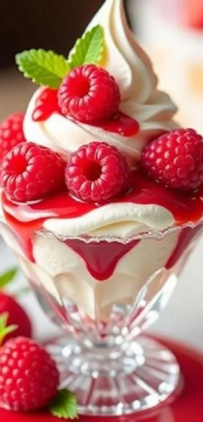 Raspberry ice cream sundae in a glass cup.