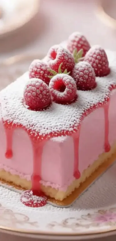 Raspberry cake with pink icing and sugar on a decorative plate.