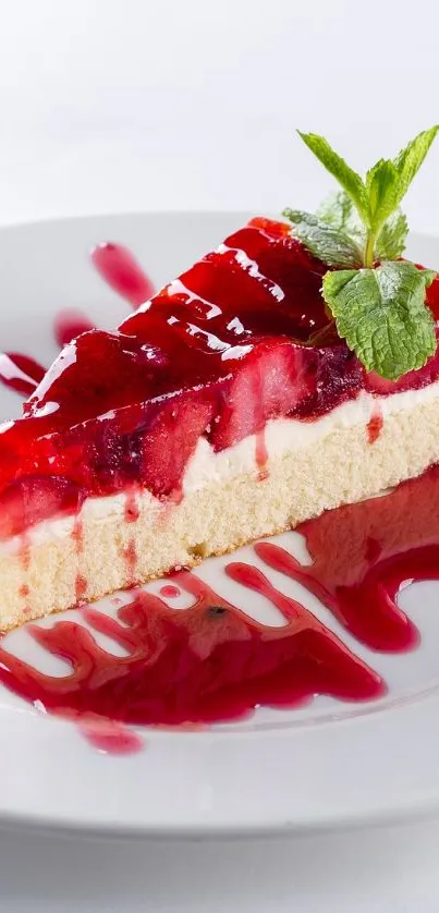 Slice of raspberry cheesecake with mint garnish on a plate.