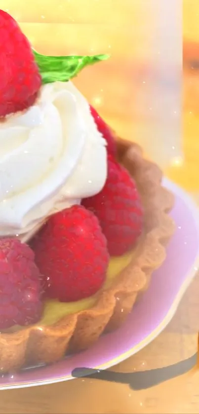 Delicious raspberry tart with whipped cream on a vibrant wallpaper.