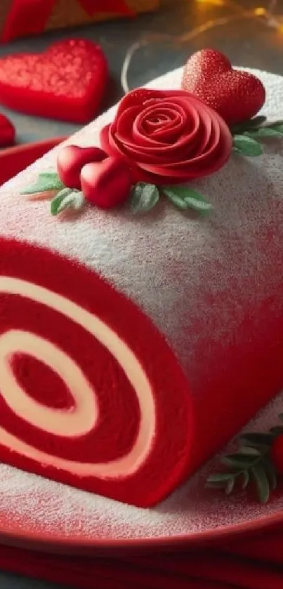 Swirled red cake with decorative topping on a plate.