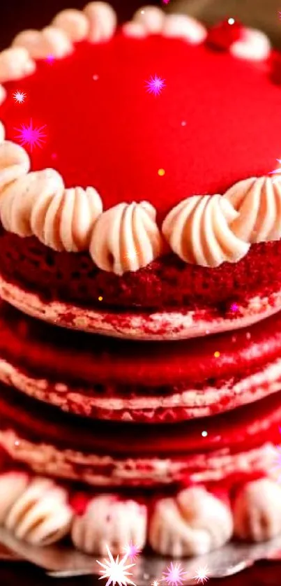 Red velvet cake with cream decoration, elegant dessert.