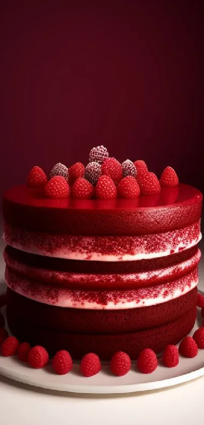 Red velvet cake with raspberries on white plate.