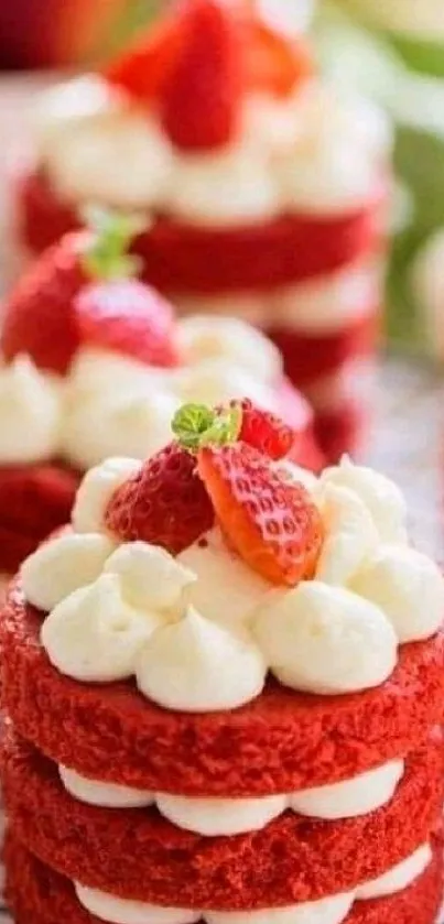 Delicious red velvet cake with creamy frosting topped with strawberries.