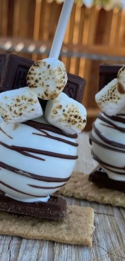 Gourmet s'mores pops with chocolate and marshmallows on a wooden table.