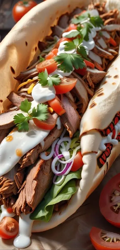 Close-up of a delicious sandwich with fresh toppings.
