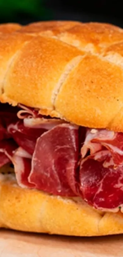 Close-up of a delicious sandwich with cured meats and fresh bread.