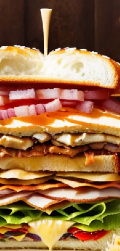 Layered sandwich with cheese and veggies on a wooden background.