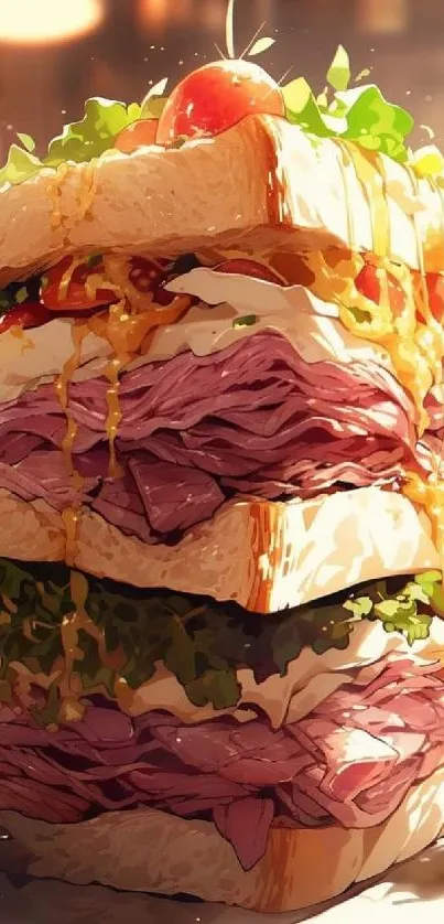 Artistic sandwich with layers of meats and greens on a plate.