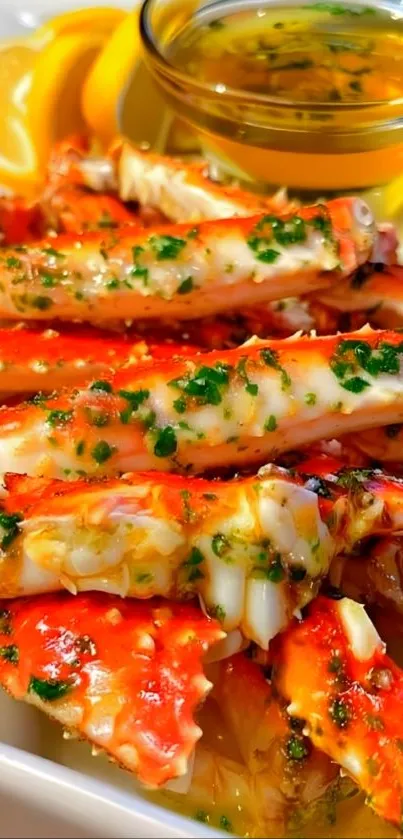 Vibrant crab legs with lemon and herbs on plate.