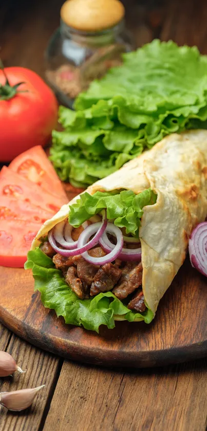 A savory shawarma wrap with lettuce and tomatoes on a wooden board.