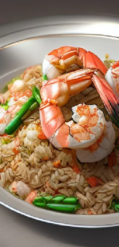 A gourmet shrimp and rice dish on a silver plate, vibrant and appetizing.