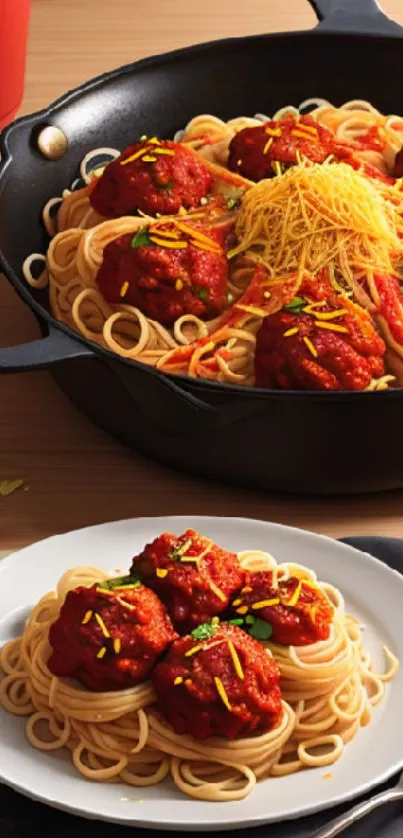 Plate of spaghetti with meatballs in a pan.