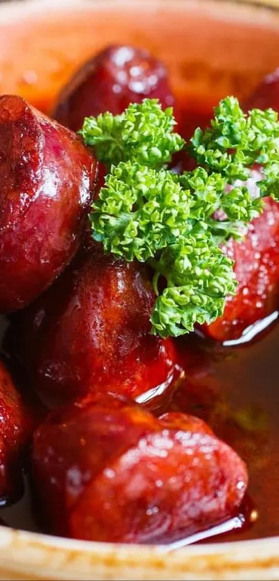 Close-up of a spicy chorizo dish with herbs.