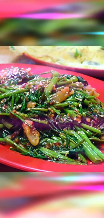 Stir-fried vegetables on a red plate, vibrant and colorful.