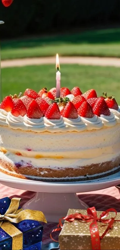 Strawberry cake with cream and lit candle on outdoor table.