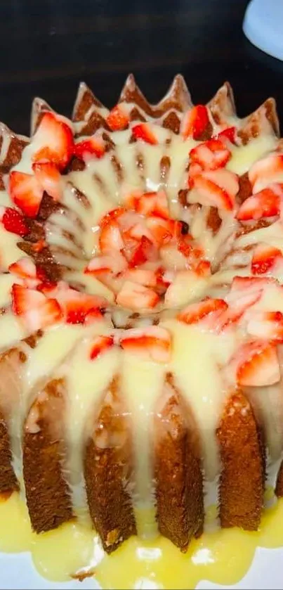 Strawberry cake with creamy glaze and fresh toppings.