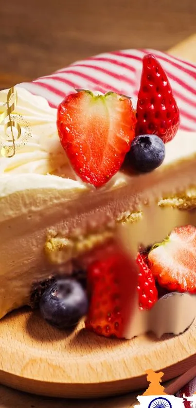 Slice of strawberry cake with fresh berries and cream on a wooden board.