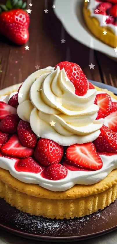 Strawberry cake with cream and fresh berries on a dark plate.