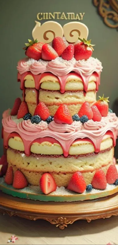 Two-tier strawberry cake with pink frosting and fresh berries on top.