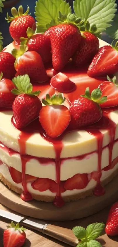Strawberry cake with fresh berries and cream layers.