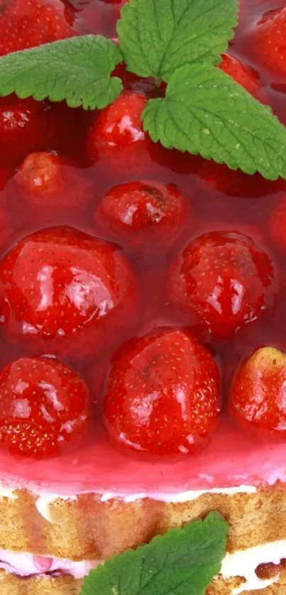 Vibrant strawberry cake with red berries and mint leaves on top.