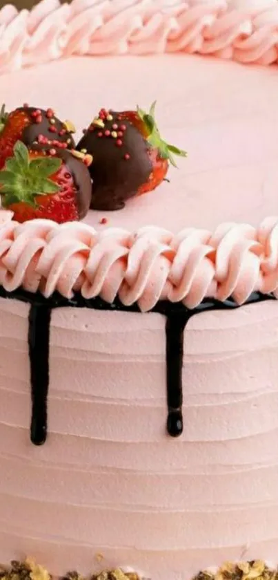 Pink strawberry cake with chocolate drizzles topped with strawberries.