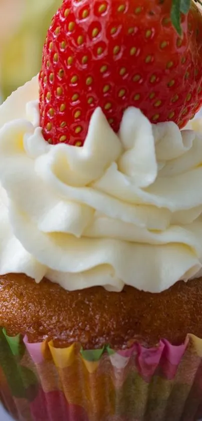 A vibrant cupcake with whipped cream and strawberries.