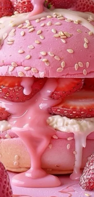 Pink strawberry dessert with cream and macarons.