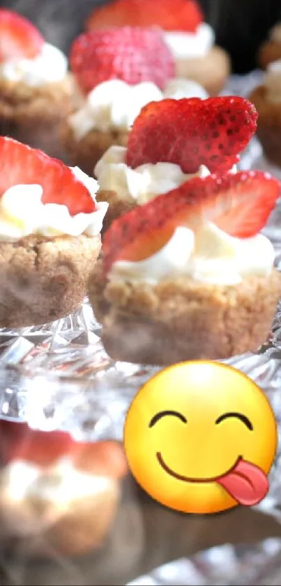 Mini strawberry desserts with cream on glass stand.