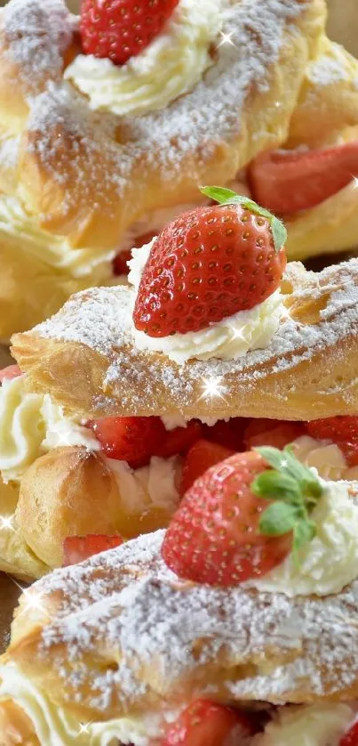 Strawberry cream pastries with fresh fruit on a tray.