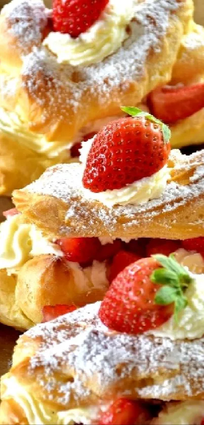 Strawberry-topped eclairs on a baking tray.